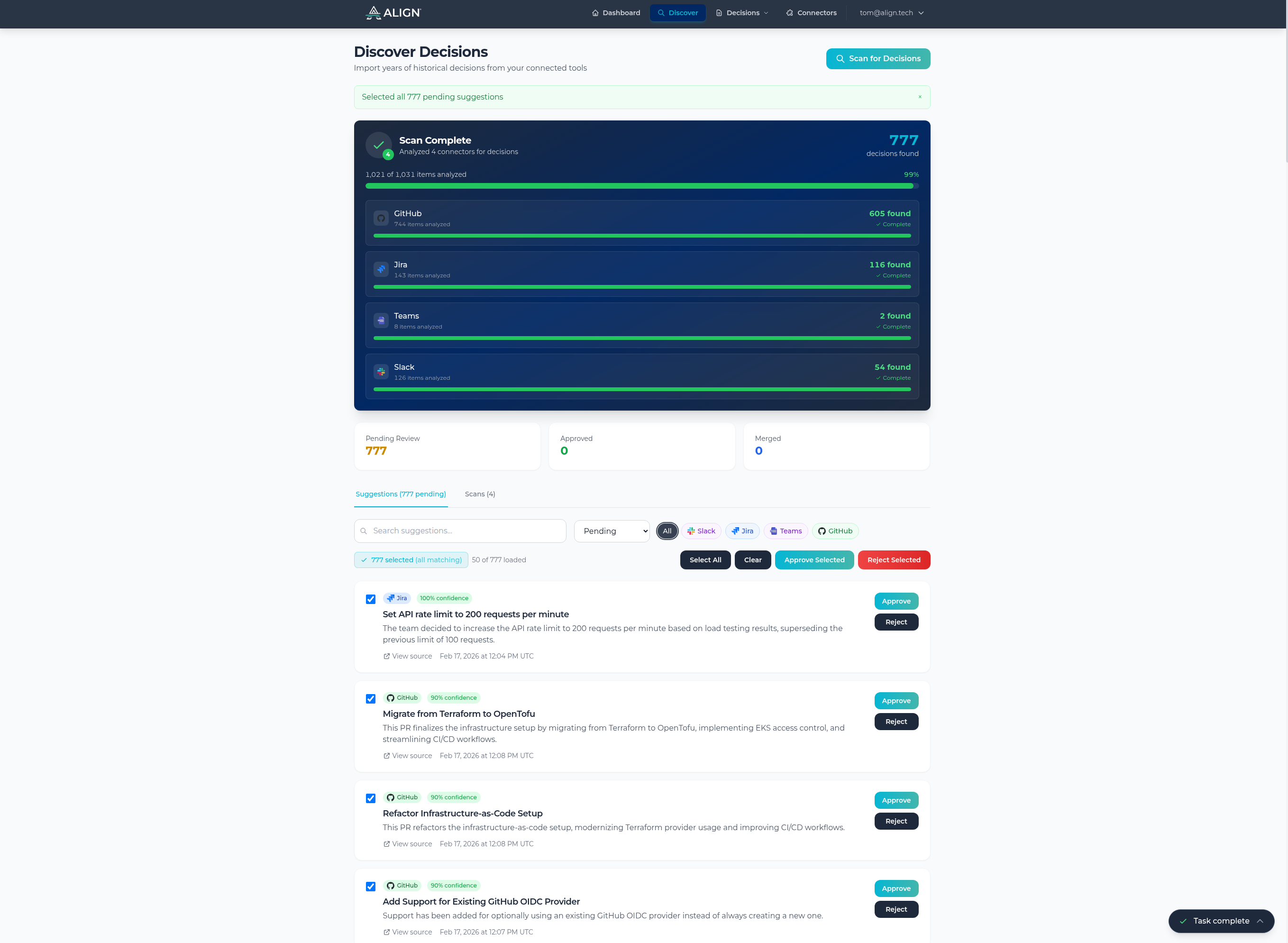 Align scanning 4 connected tools and discovering 777 decisions